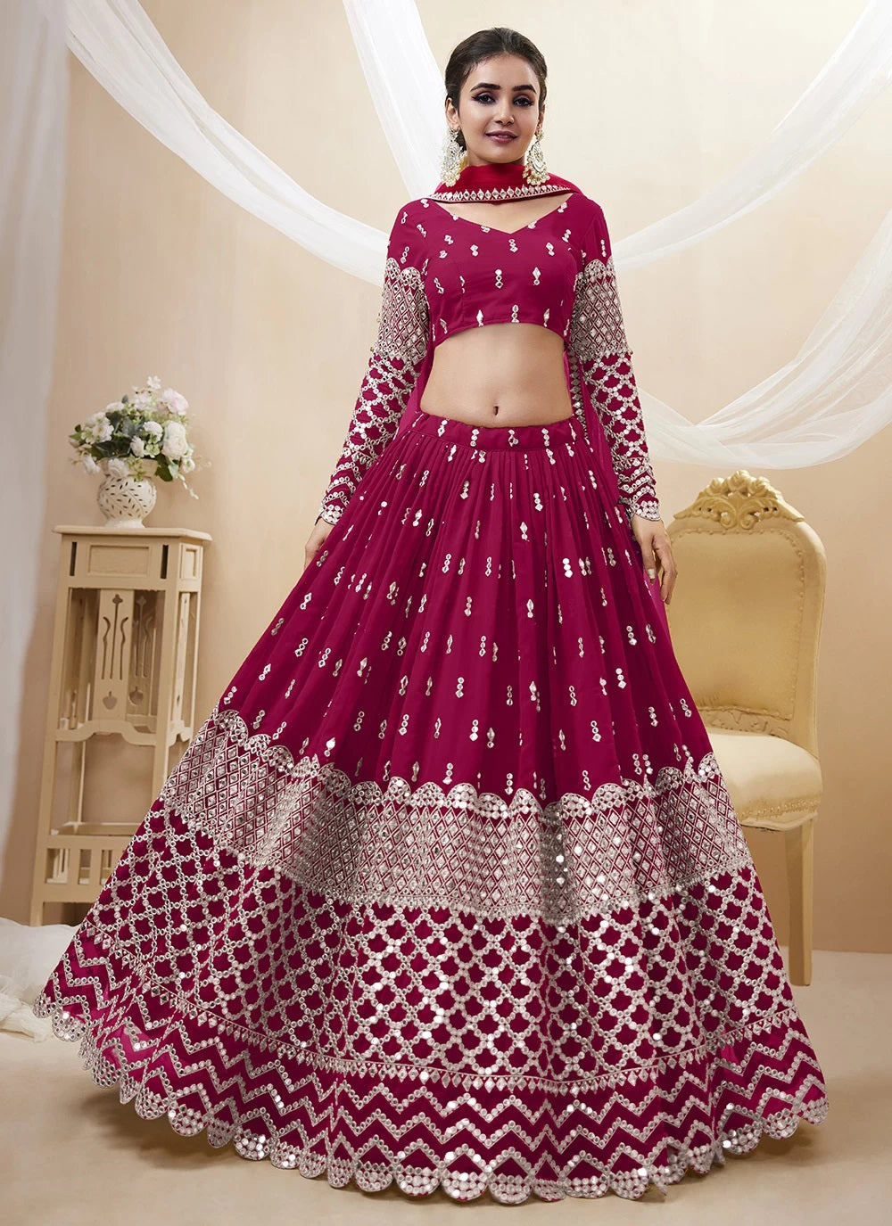 Embroidered georgette indian lehenga in hot pink