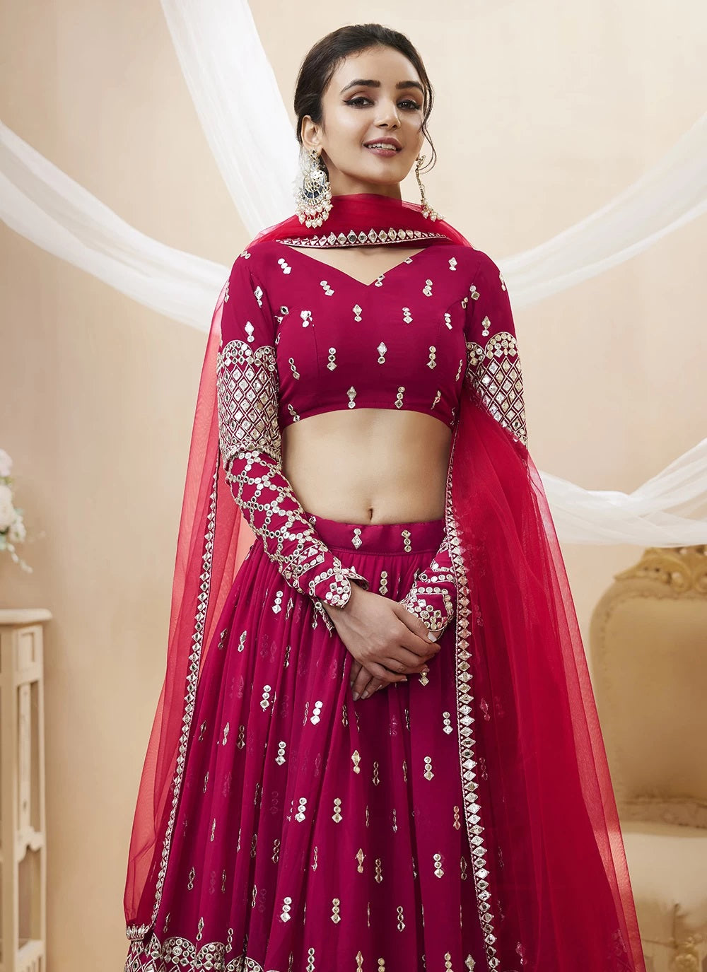 Embroidered georgette indian lehenga in hot pink