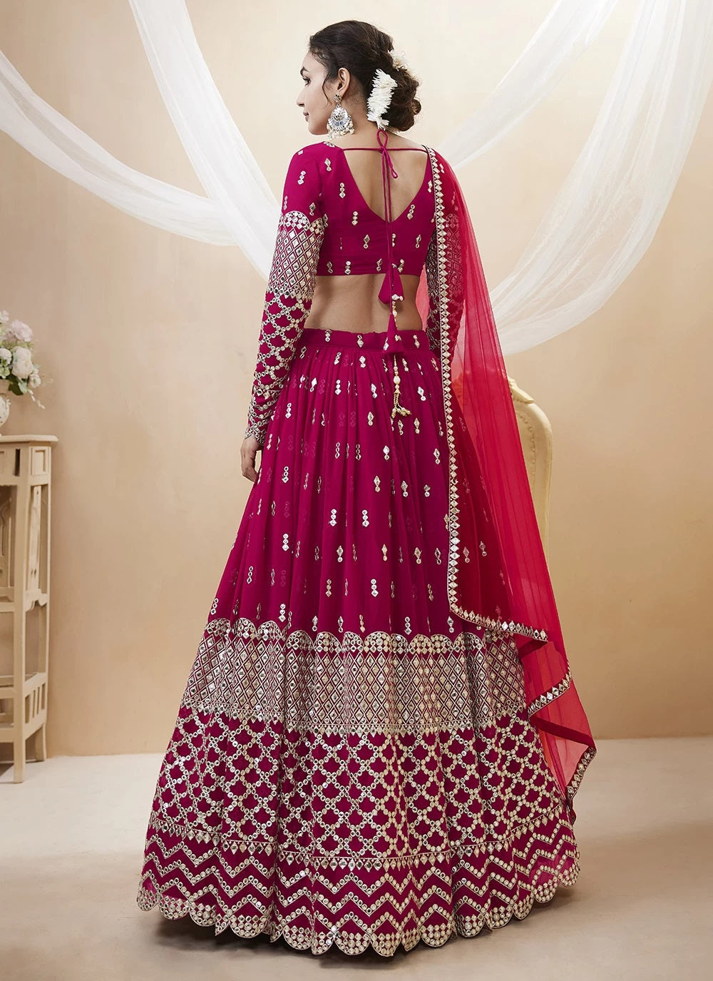 Embroidered georgette indian lehenga in hot pink