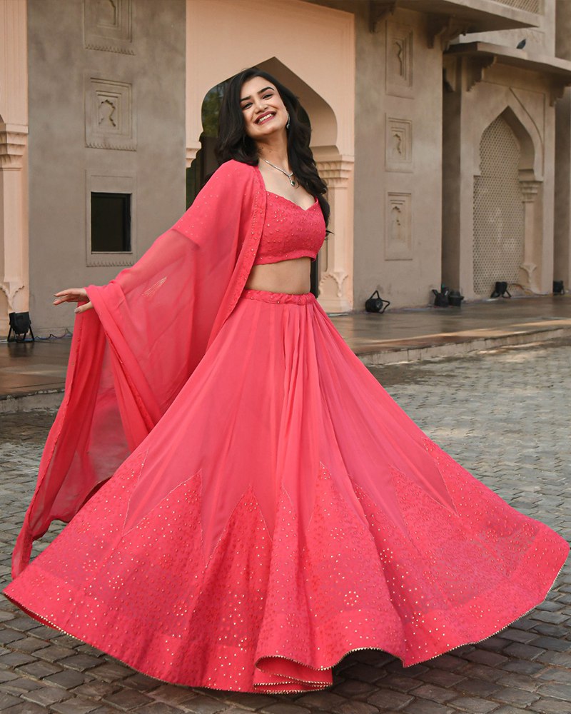 Embroidered Georgette Pink Lehenga Set with Dupatta