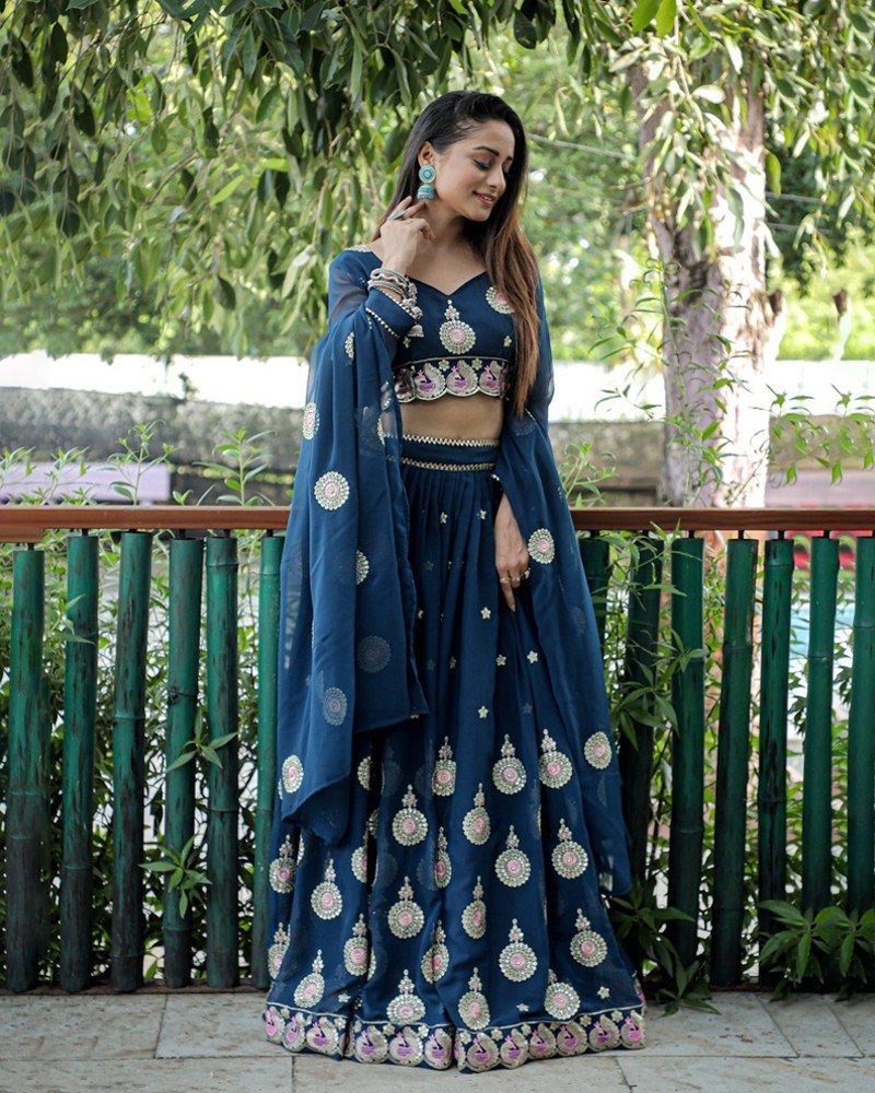 Embroidered Georgette Blue Lehenga Choli Dupatta Set