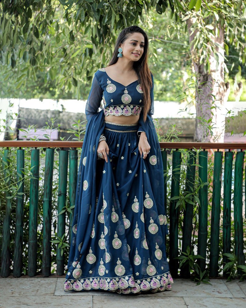 Embroidered Georgette Blue Lehenga Choli Dupatta Set