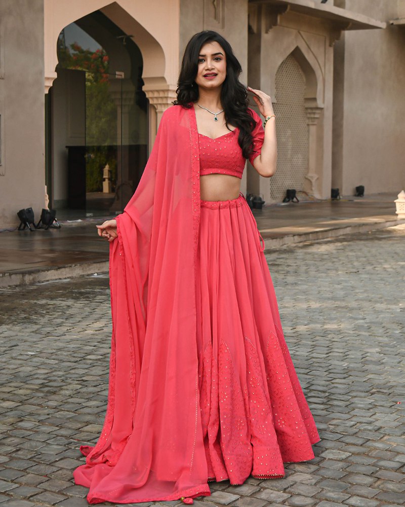 Embroidered Georgette Pink Lehenga Set with Dupatta