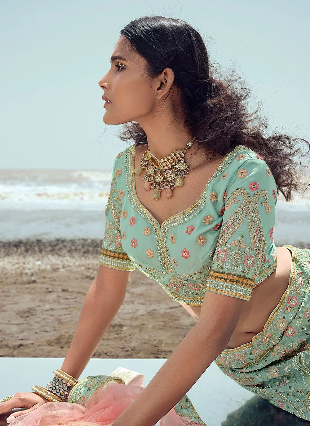 Embroidered indian wedding lehenga choli in organza