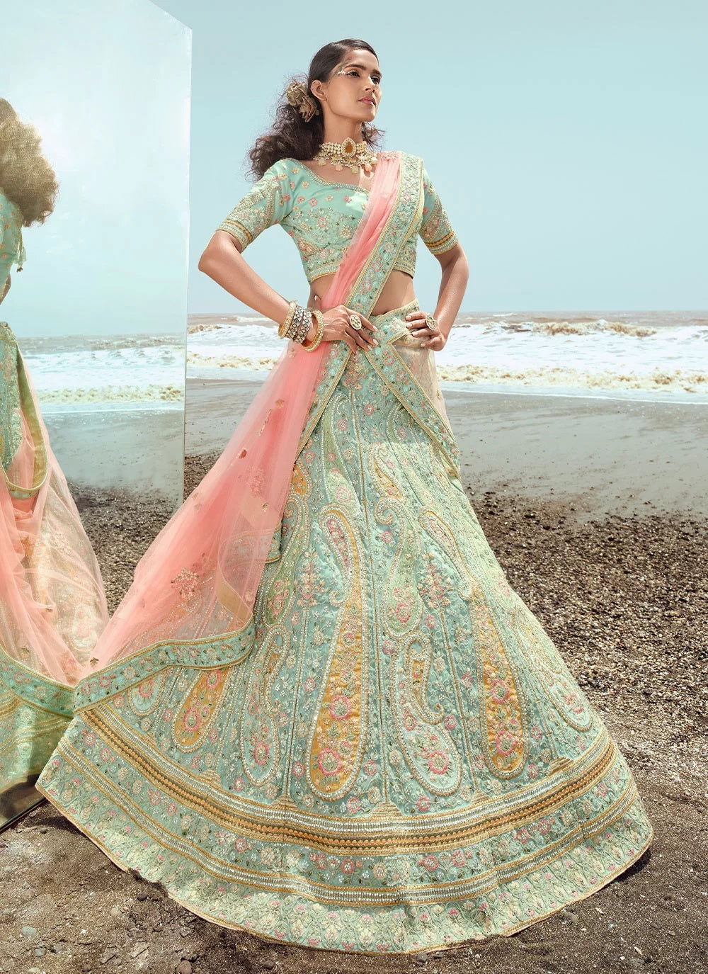 Embroidered indian wedding lehenga choli in organza