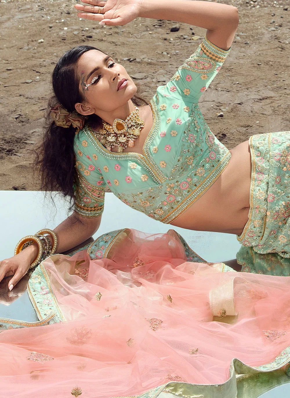 Embroidered indian wedding lehenga choli in organza