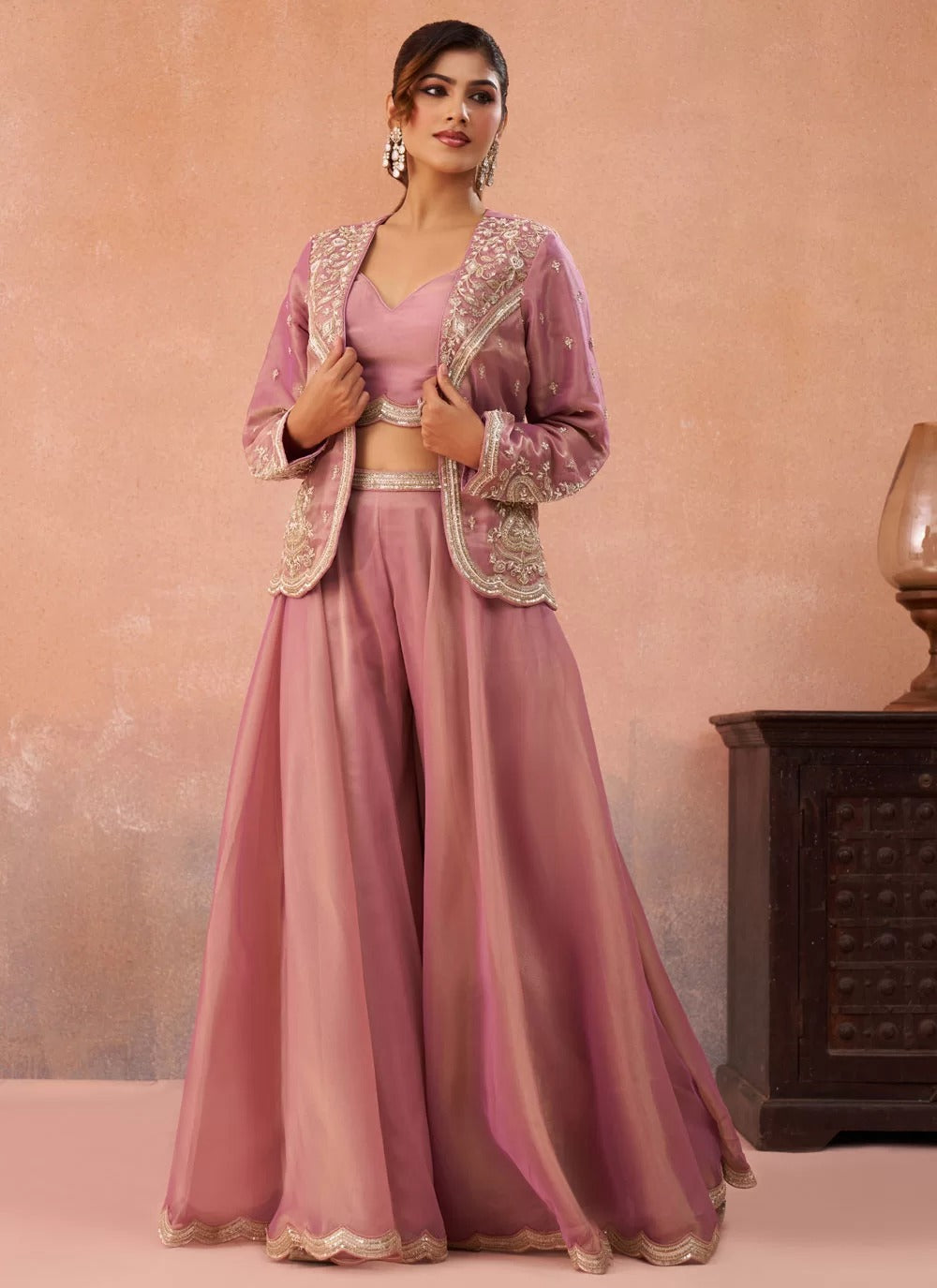 Pink tissue indo western co ord set with embroidered jacket flared palazzo