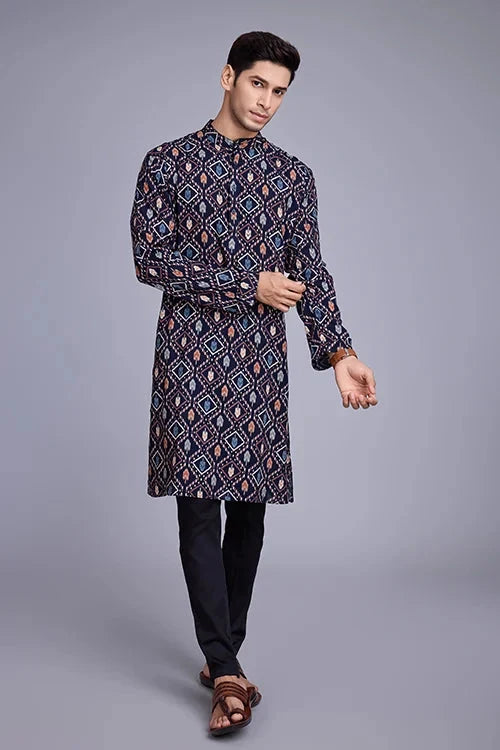 Exclusive Printed Navy Blue Kurta for Mens Wear Collection