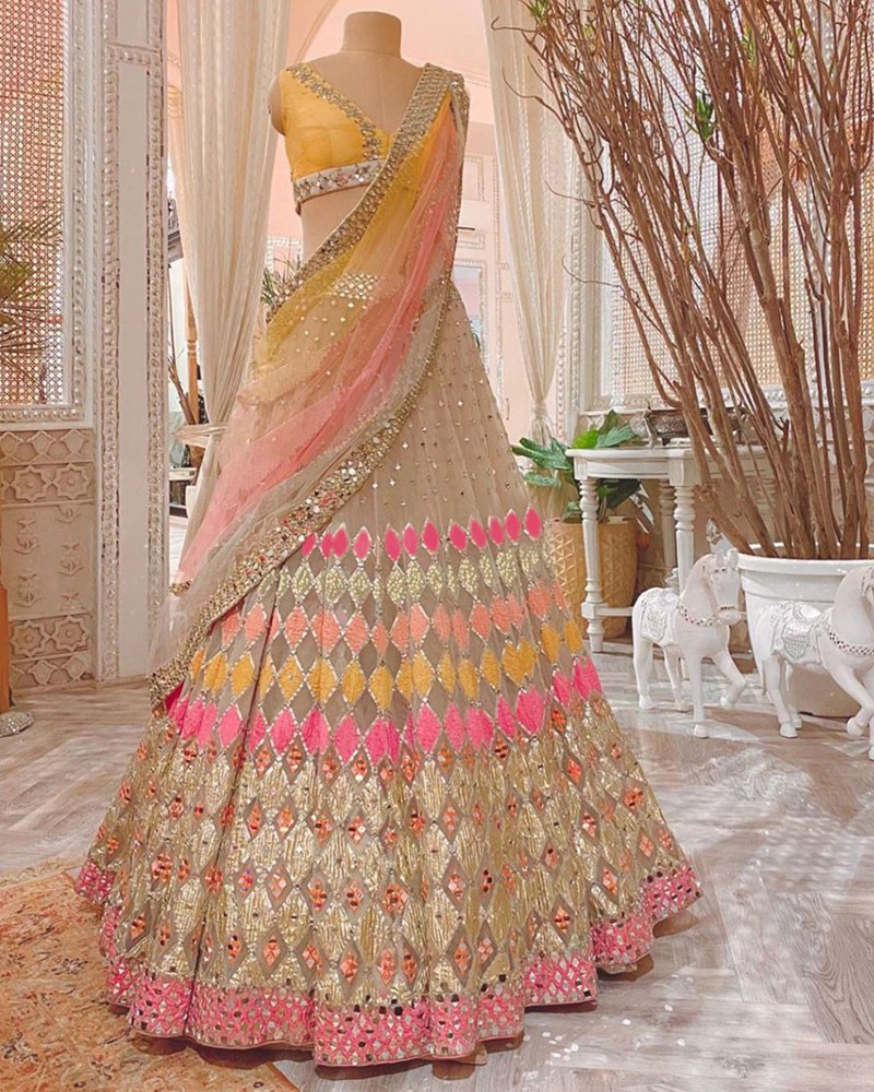 Embroidered Yellow Lehenga Set with Sequins and Mirrors - Butterfly Net, Nylon Net, Jalpari Silk