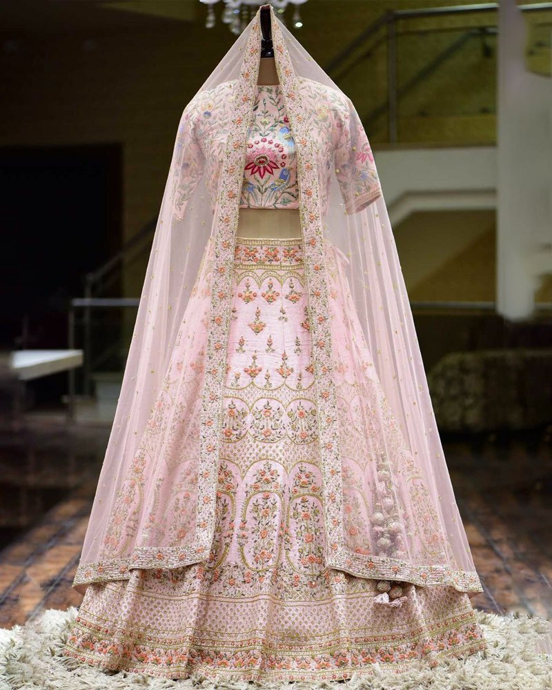 Embroidered Baby Pink Lehenga Set in Silk and Net Fabric