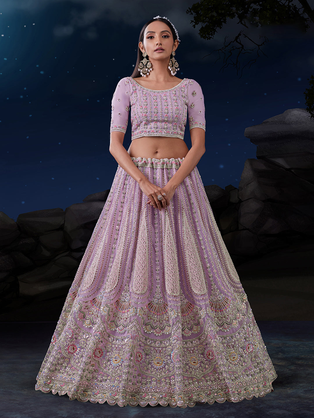 Embroidered Pink Lehenga Choli Set - Soft Net, Thread & Sequin Work
