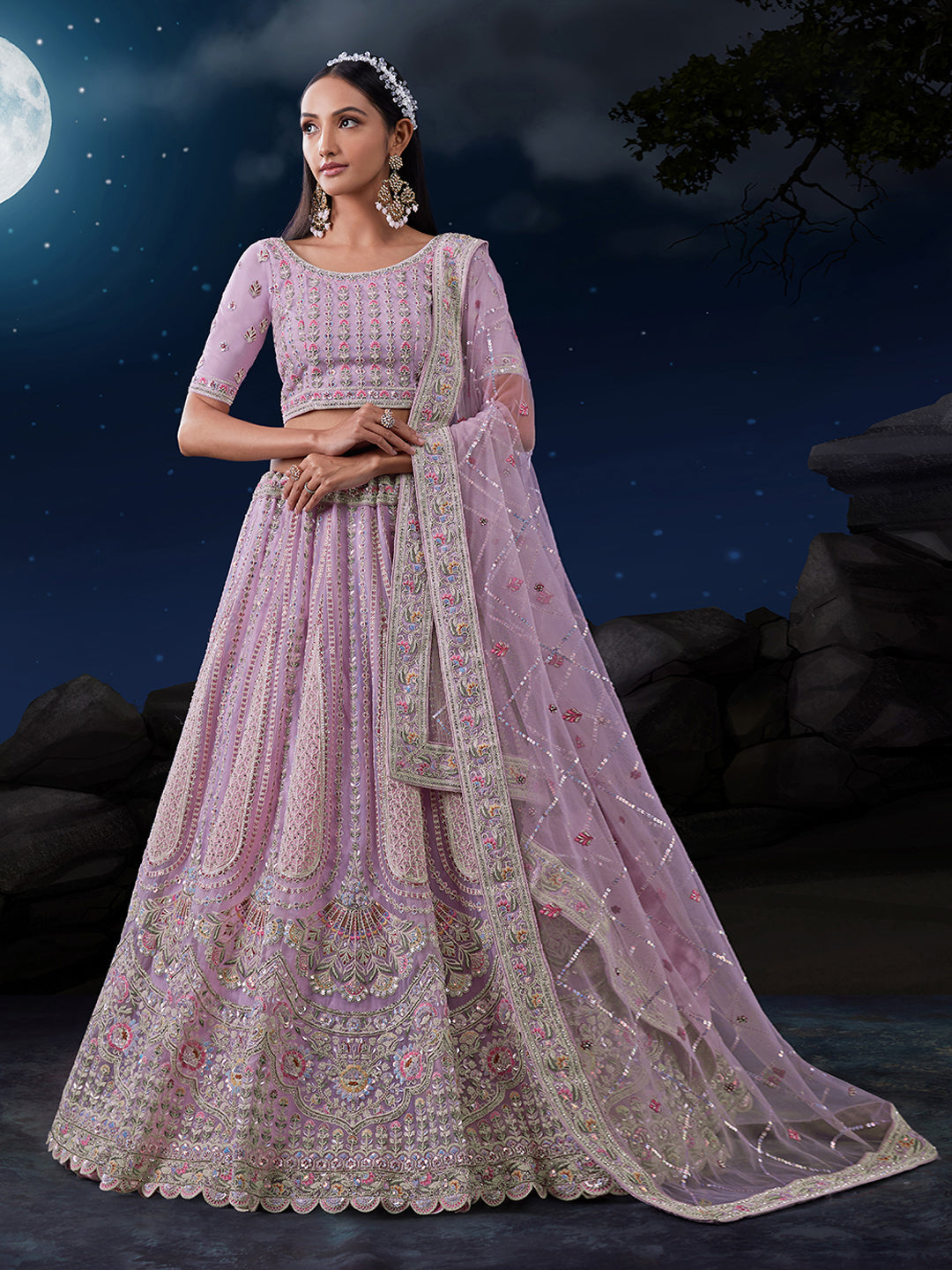 Embroidered Pink Lehenga Choli Set - Soft Net, Thread & Sequin Work