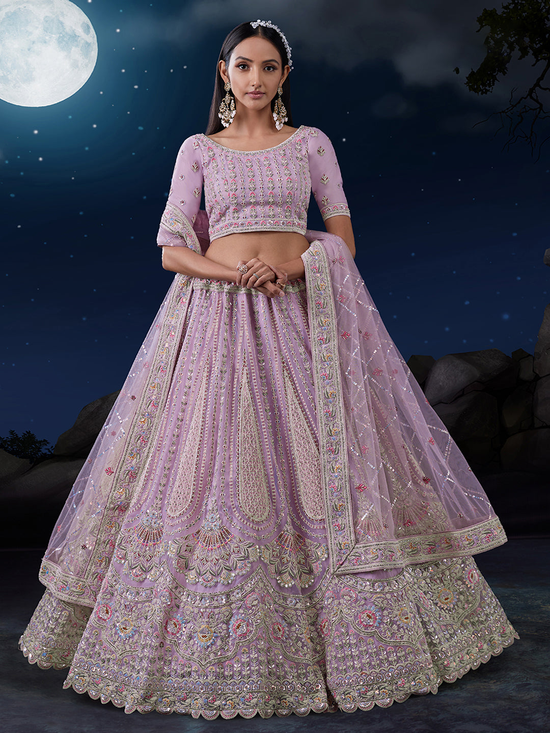 Embroidered Pink Lehenga Choli Set - Soft Net, Thread & Sequin Work