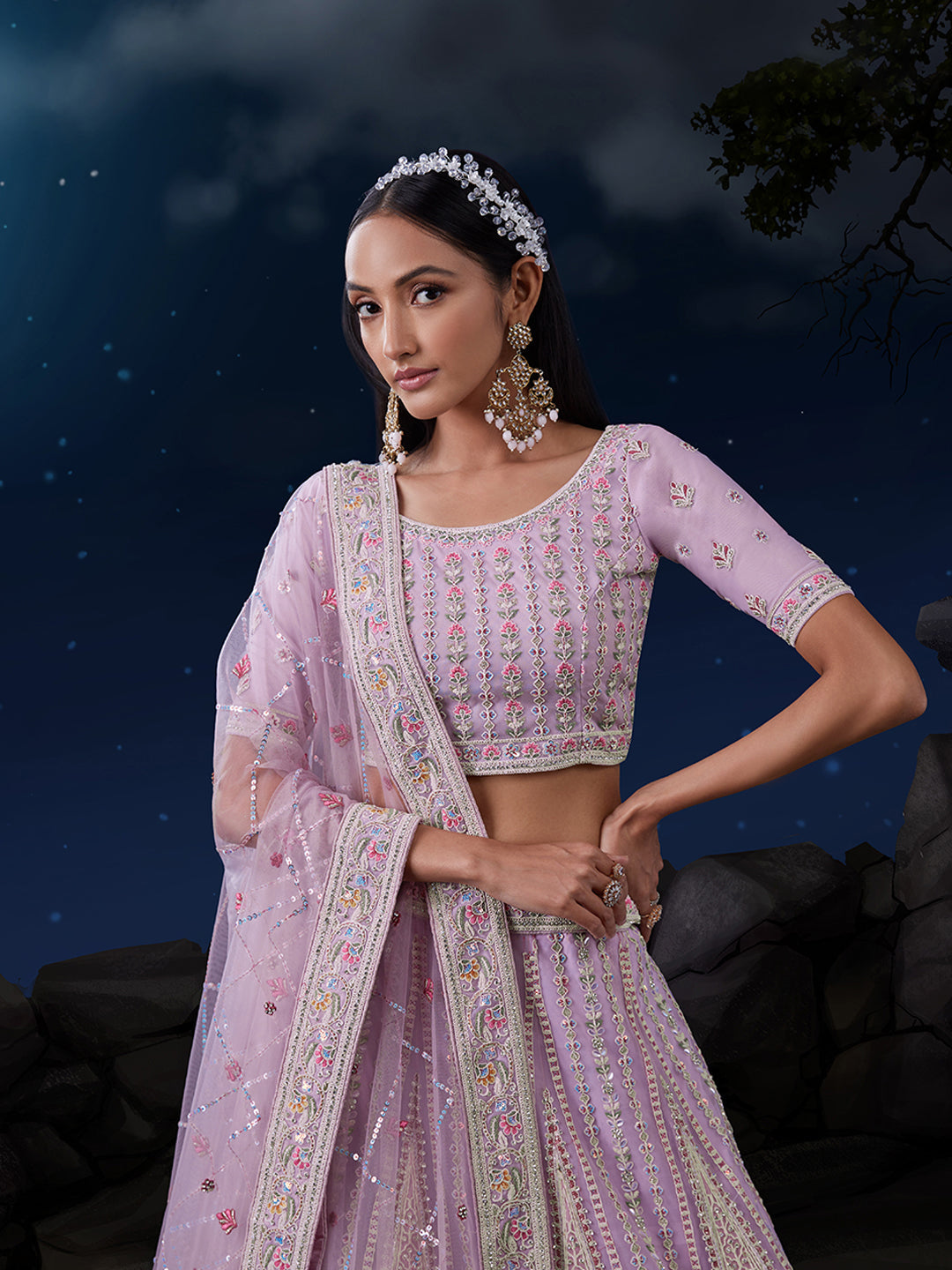 Embroidered Pink Lehenga Choli Set - Soft Net, Thread & Sequin Work