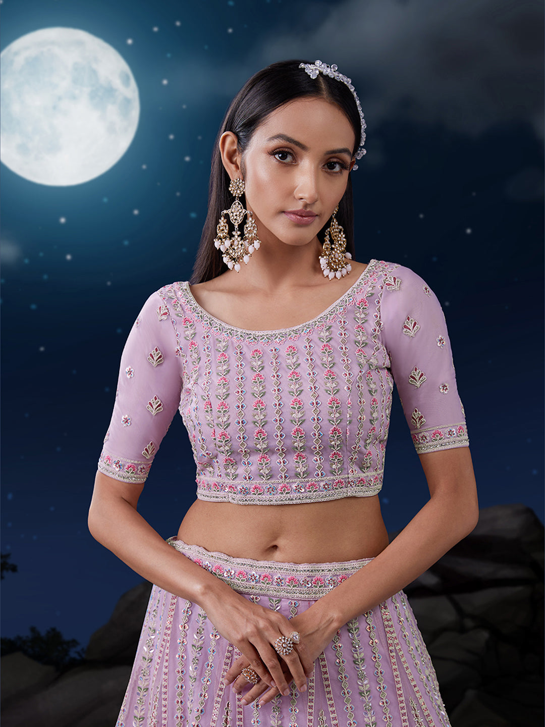 Embroidered Pink Lehenga Choli Set - Soft Net, Thread & Sequin Work