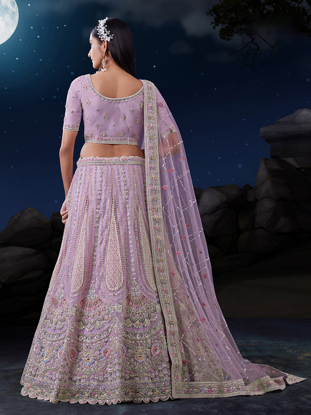 Embroidered Pink Lehenga Choli Set - Soft Net, Thread & Sequin Work