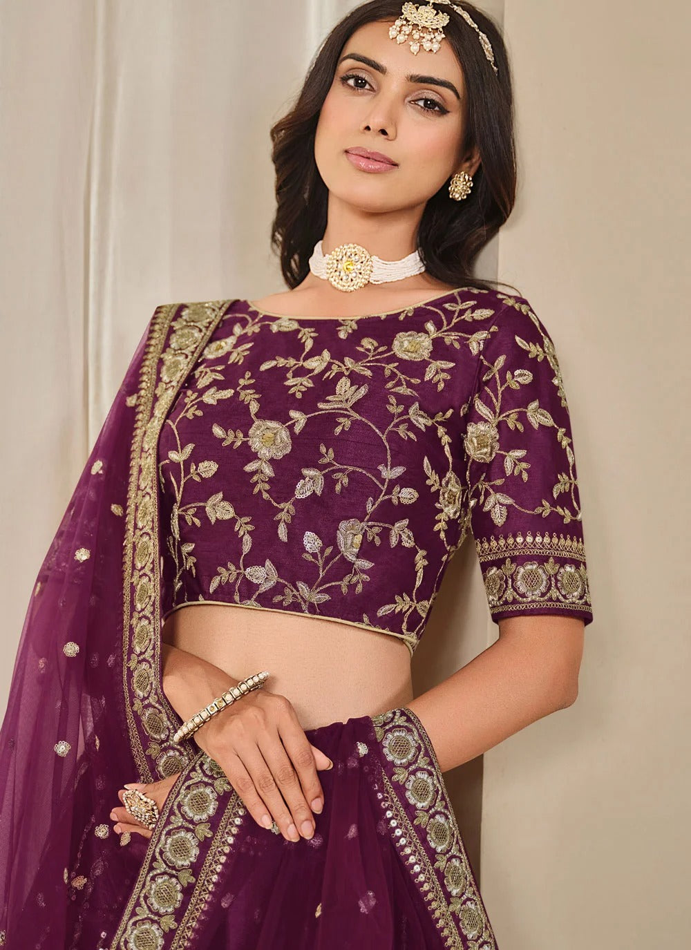 Regal purple bridesmaid lehenga for wedding functions in art silk