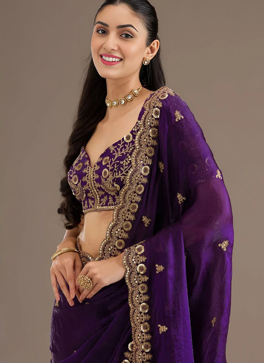 Royal purple designer tissue silk saree with zari dori diamond embroidery