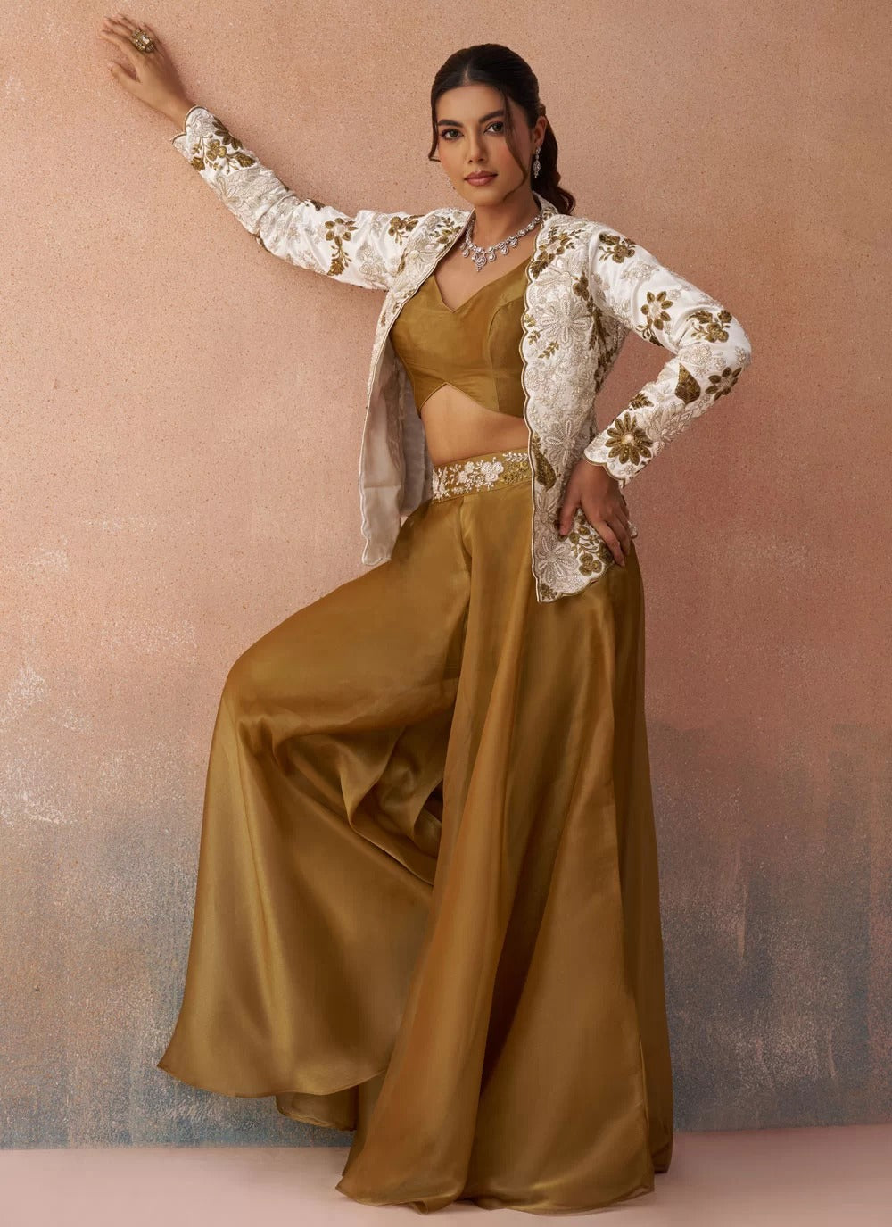 Luxury white tissue indo western co ord set with embroidered silk jacket
