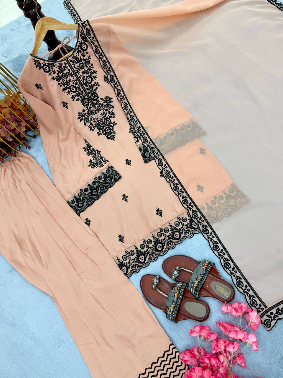 Embroidered Rayon Kurti Palazzo Set