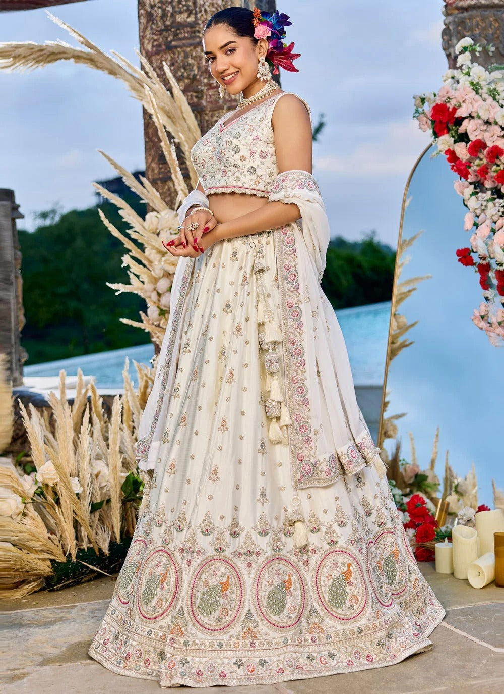 Cream silk wedding guest lehenga with sequins coding embroidery