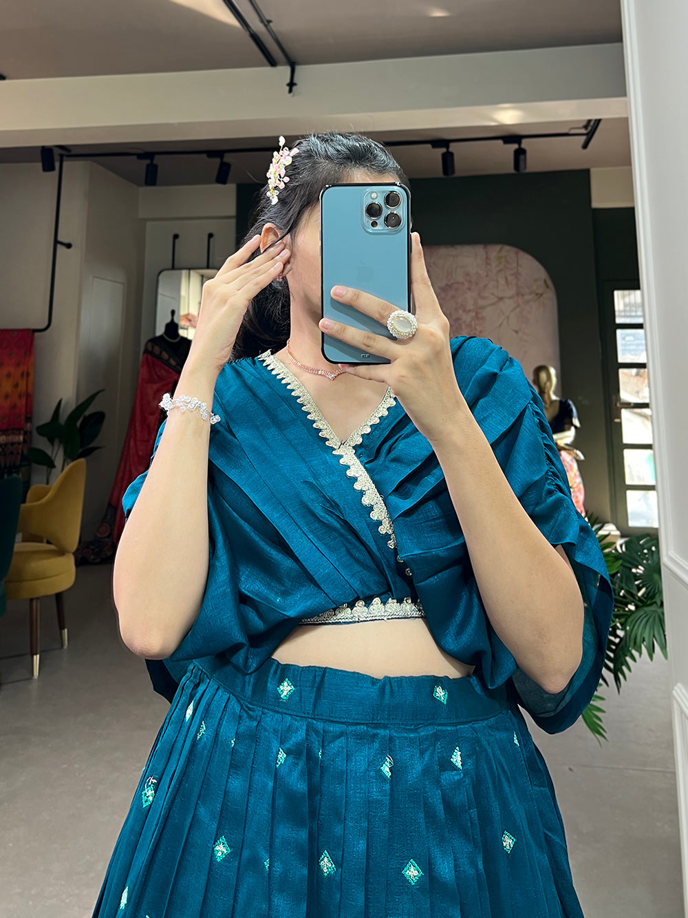 Teal Color Thread Embroidery Work Vichitra Silk Lehenga Choli