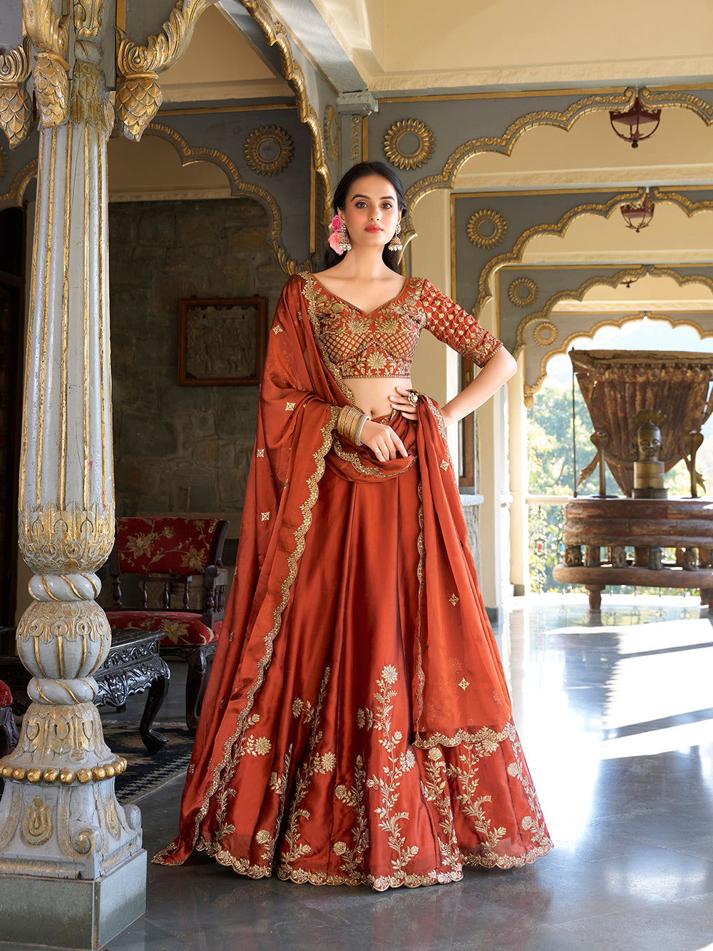 Wedding wear rust orange rangoli silk lehenga choli with sequins thread embroidery