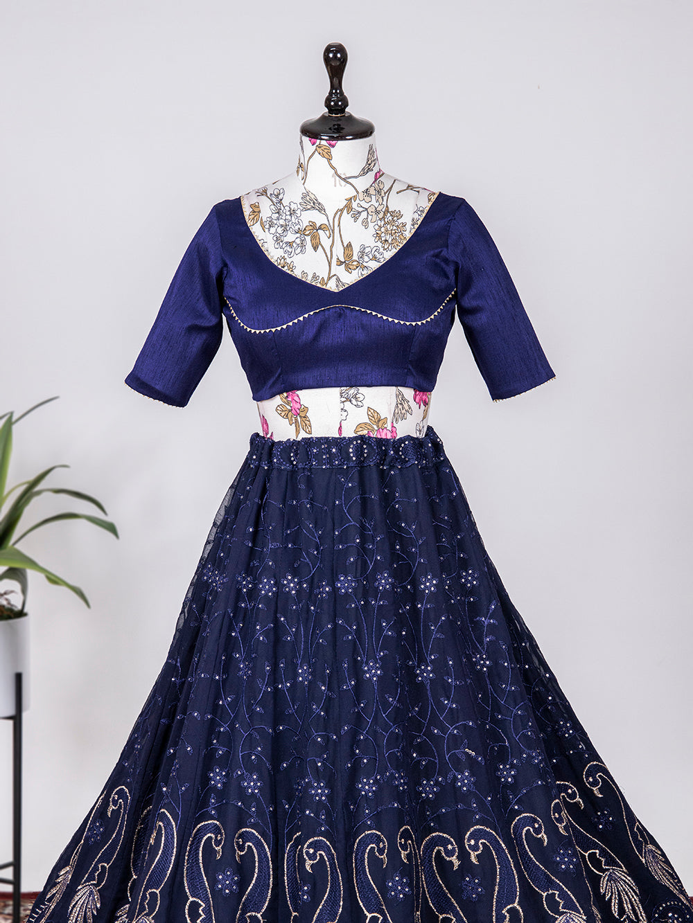 Navy Blue Color Sequins & Thread Embroidery Work Georgette Lehenga