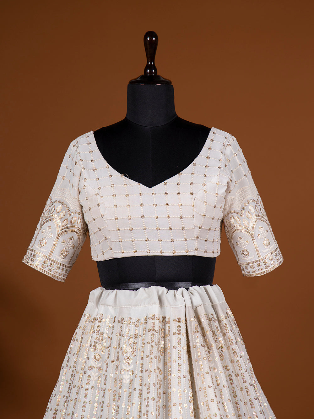 White Color Sequins & Thread Embroidery Work Georgette Lehenga