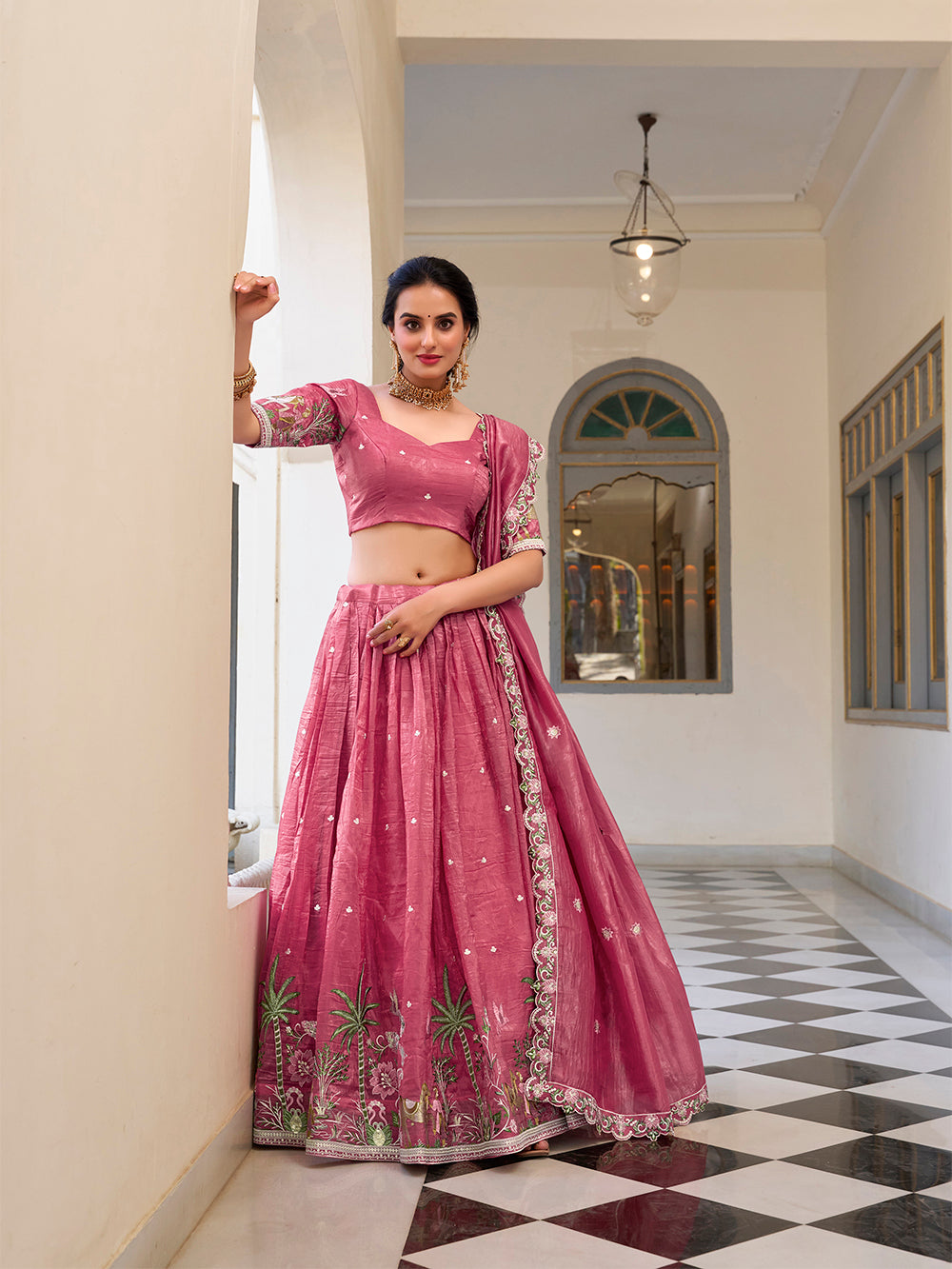 Rose pink gold crush lehenga choli with sequins embroidery scalloped lace dupatta