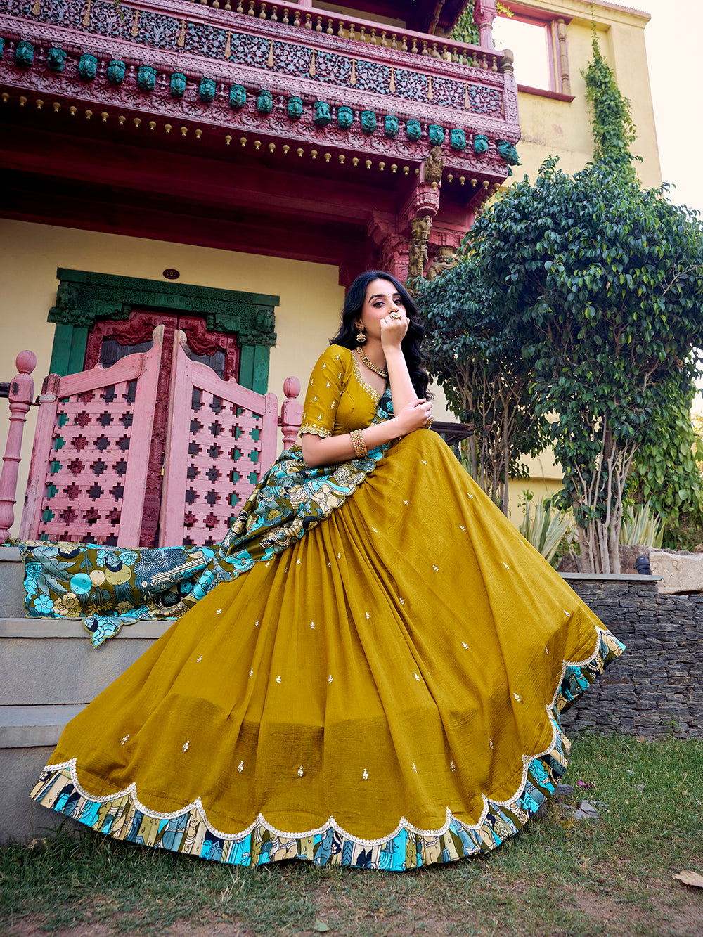 Mustard vichitra silk lehenga choli with kalamkari scallop border tussar silk dupatta