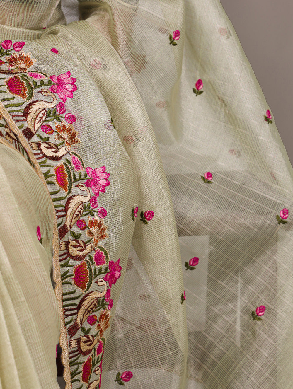 Pista green zari kota tissue saree with floral thread embroidery and banglory blouse fabric
