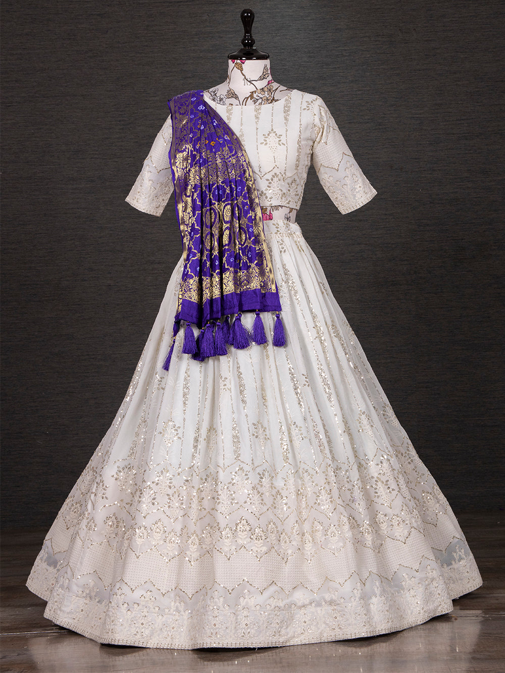 White Color Sequins And Thread Work Georgette Lehenga Choli