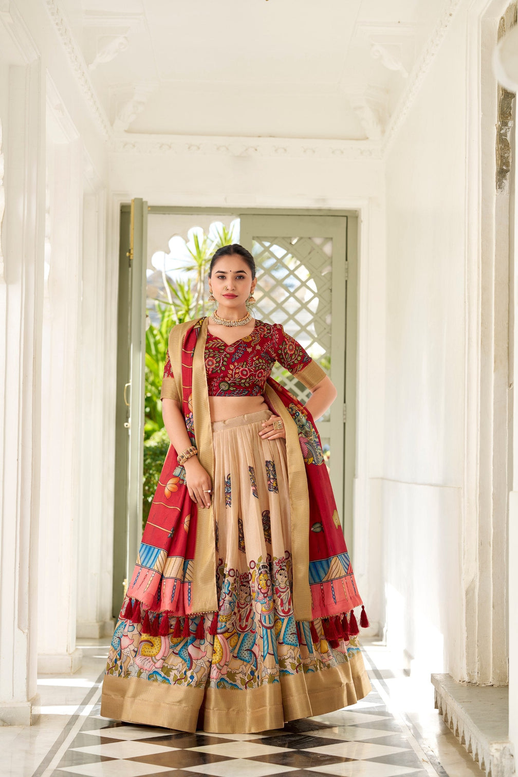 Enchanting Cream Dola Silk Lehenga Choli with Kalamkari Print
