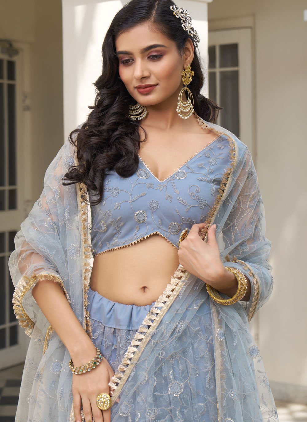 Enchanting light blue grey butterfly net party wear lehenga