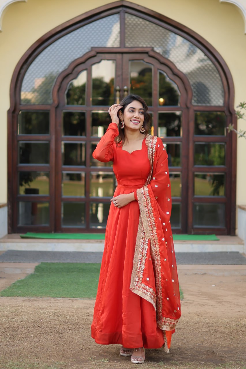 Enchanting Orange Russian Silk Gown-Dupatta Set with Exquisite Sequined Embroidery and Lace Border