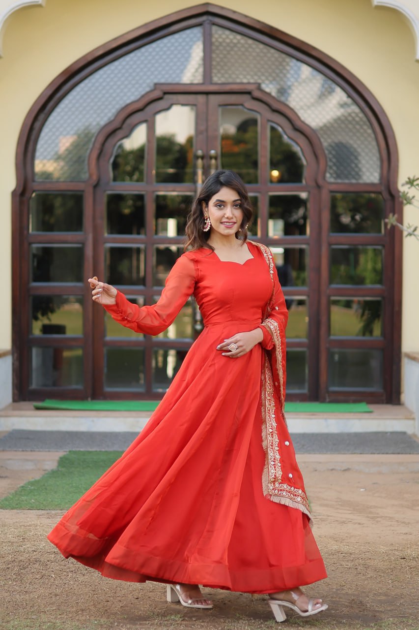 Enchanting Orange Russian Silk Gown-Dupatta Set with Exquisite Sequined Embroidery and Lace Border