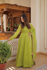 Enchanting Parrot Green Russian Silk Gown-Dupatta Set with Exquisite Sequined Embroidery and Lace Border