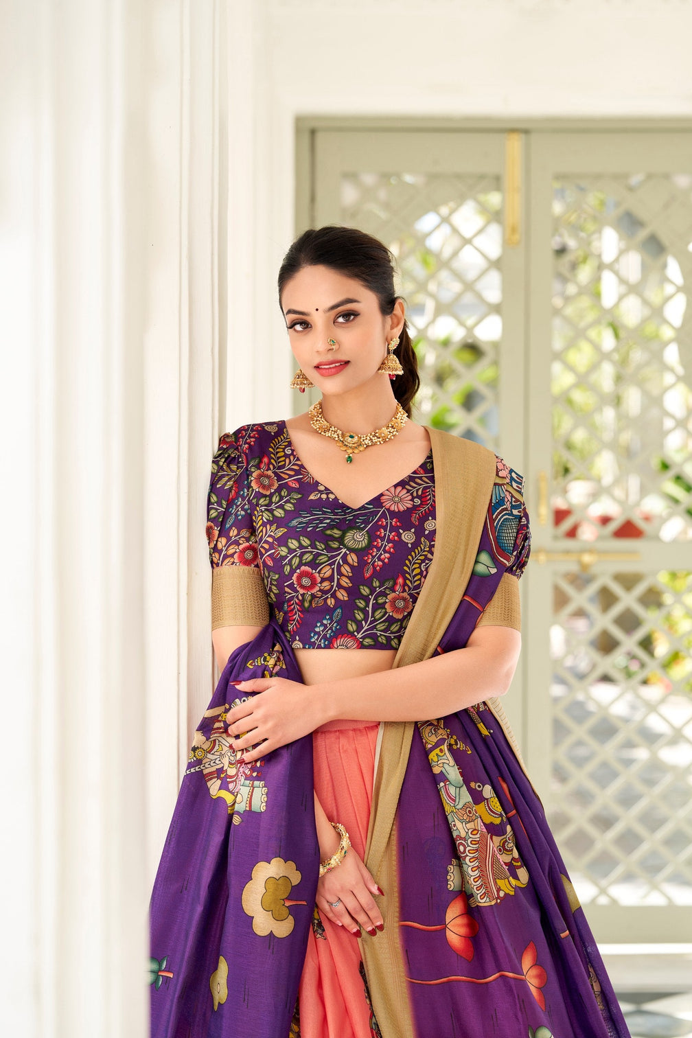 Enchanting Peach Dola Silk Lehenga Choli with Kalamkari Print
