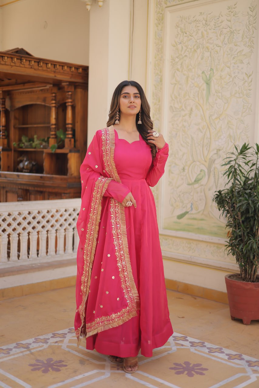 Enchanting Pink Russian Silk Gown-Dupatta Set with Exquisite Sequined Embroidery and Lace Border