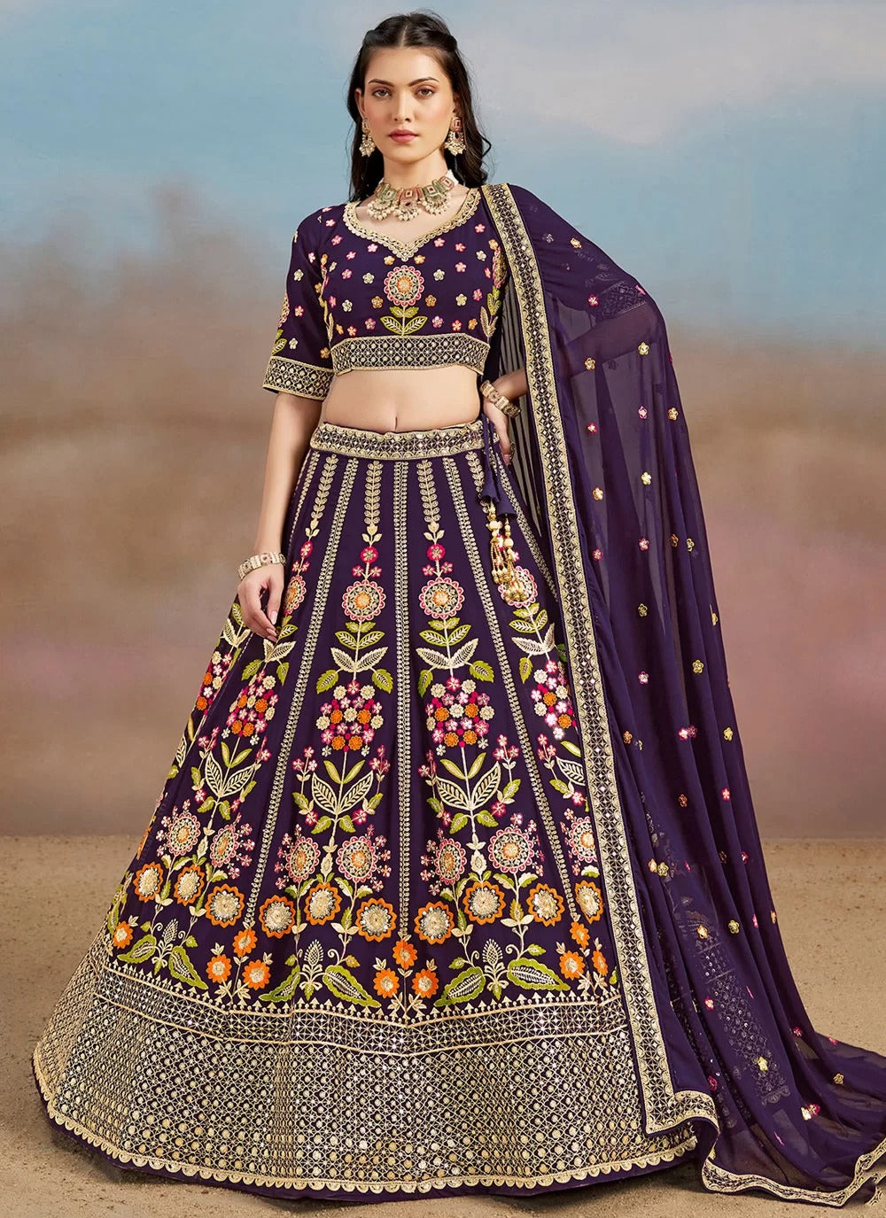 Enchanting purple georgette embroidered lehenga with sequins zari for engagement