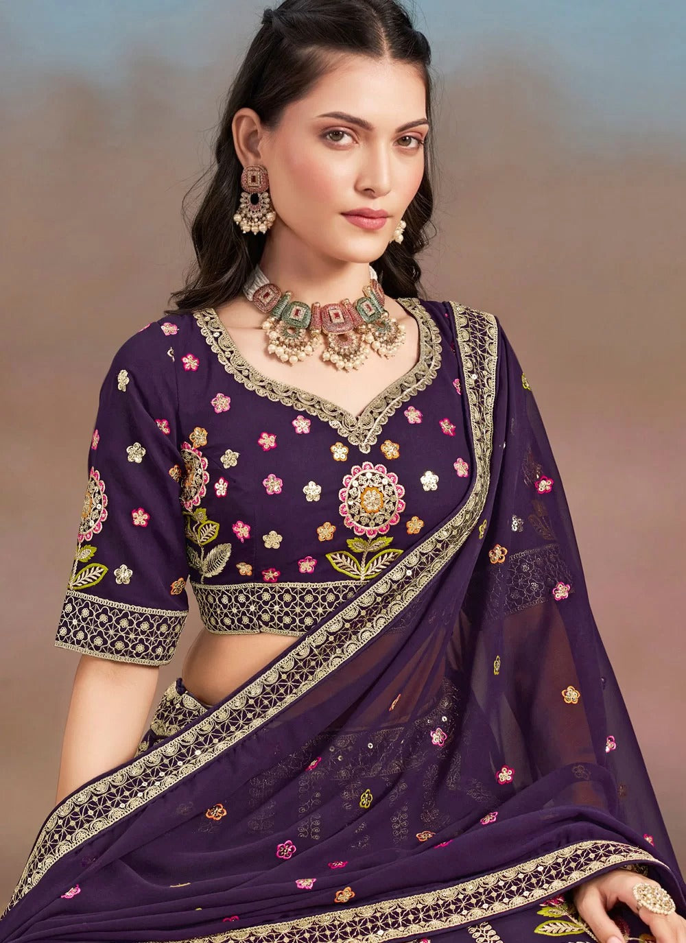 Enchanting purple georgette embroidered lehenga with sequins zari for engagement