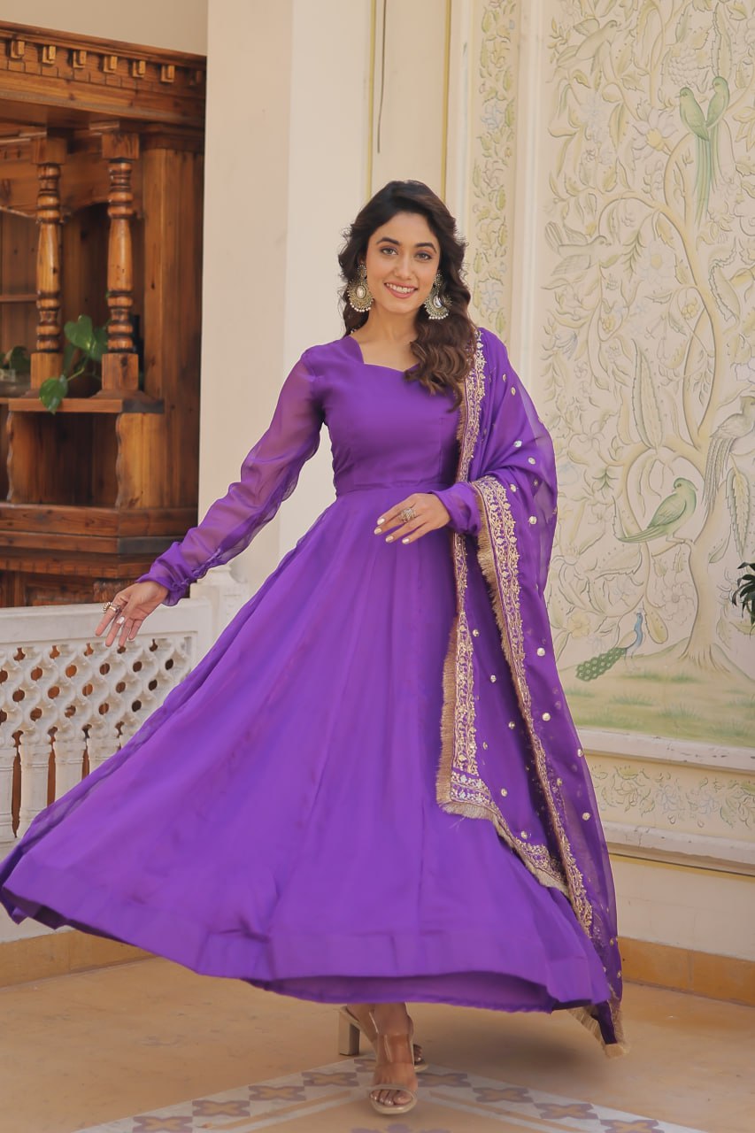 Enchanting Purple Russian Silk Gown-Dupatta Set with Exquisite Sequined Embroidery and Lace Border