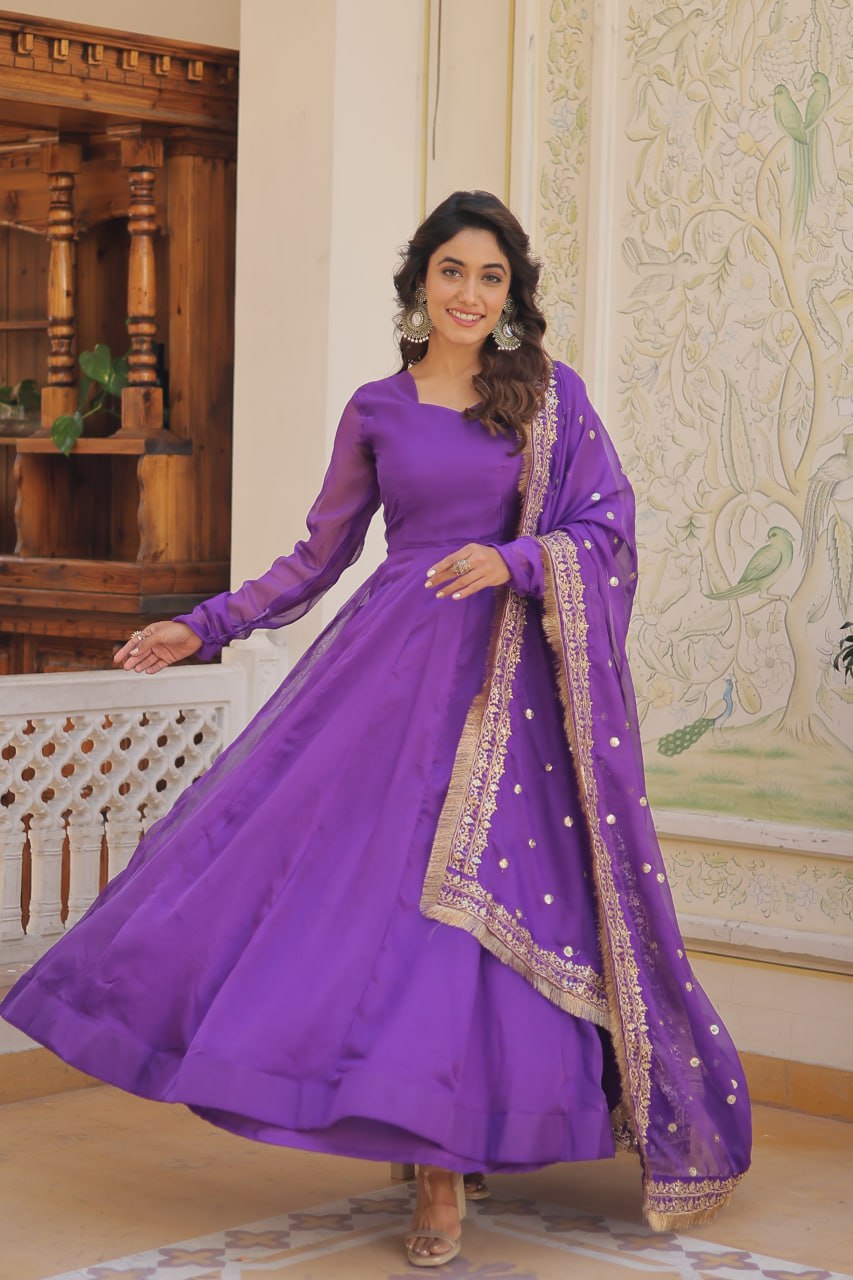 Enchanting Purple Russian Silk Gown-Dupatta Set with Exquisite Sequined Embroidery and Lace Border