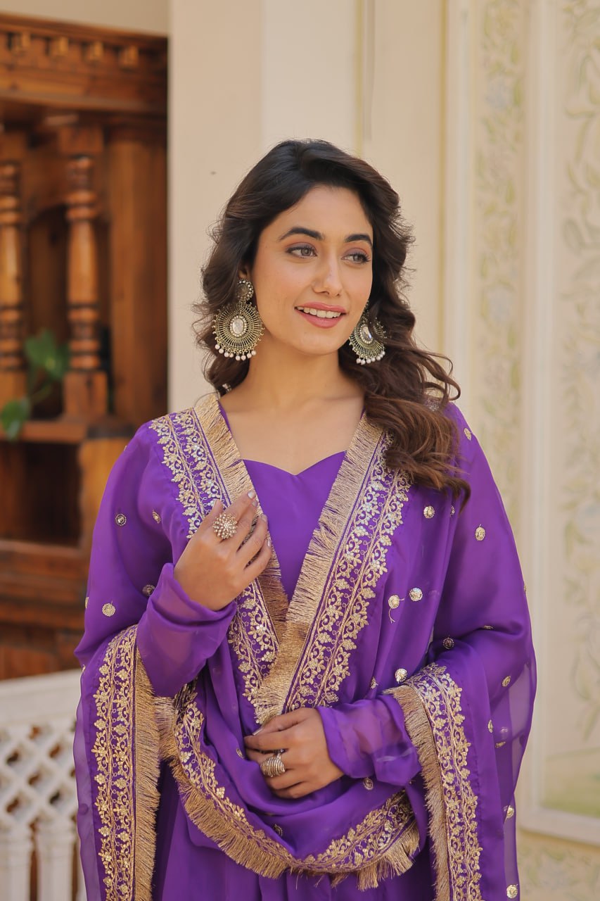 Enchanting Purple Russian Silk Gown-Dupatta Set with Exquisite Sequined Embroidery and Lace Border