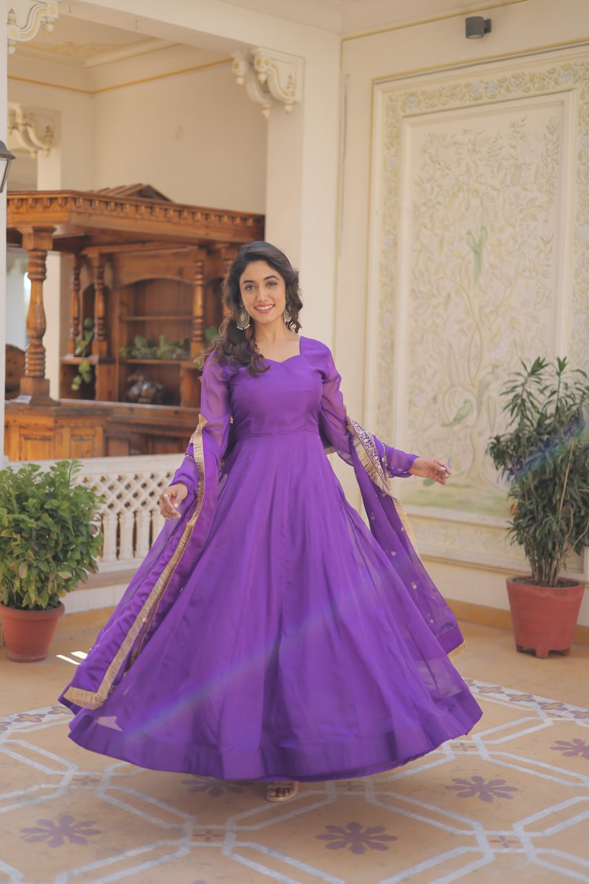 Enchanting Purple Russian Silk Gown-Dupatta Set with Exquisite Sequined Embroidery and Lace Border