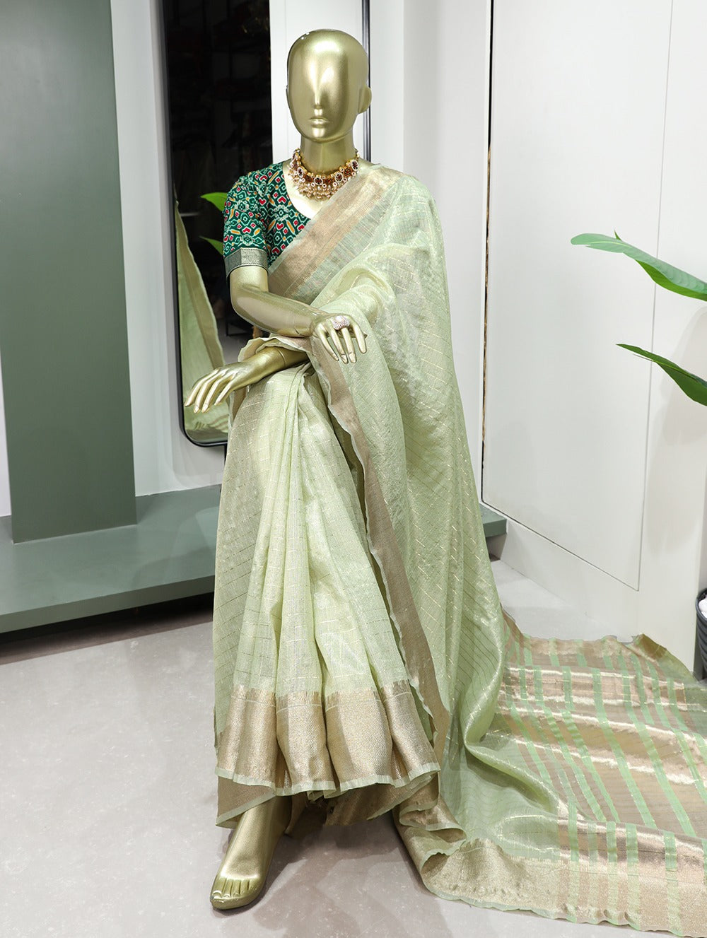 Enchanting Sea Green Khadi Organza Saree with Two Exquisite Blouse Options