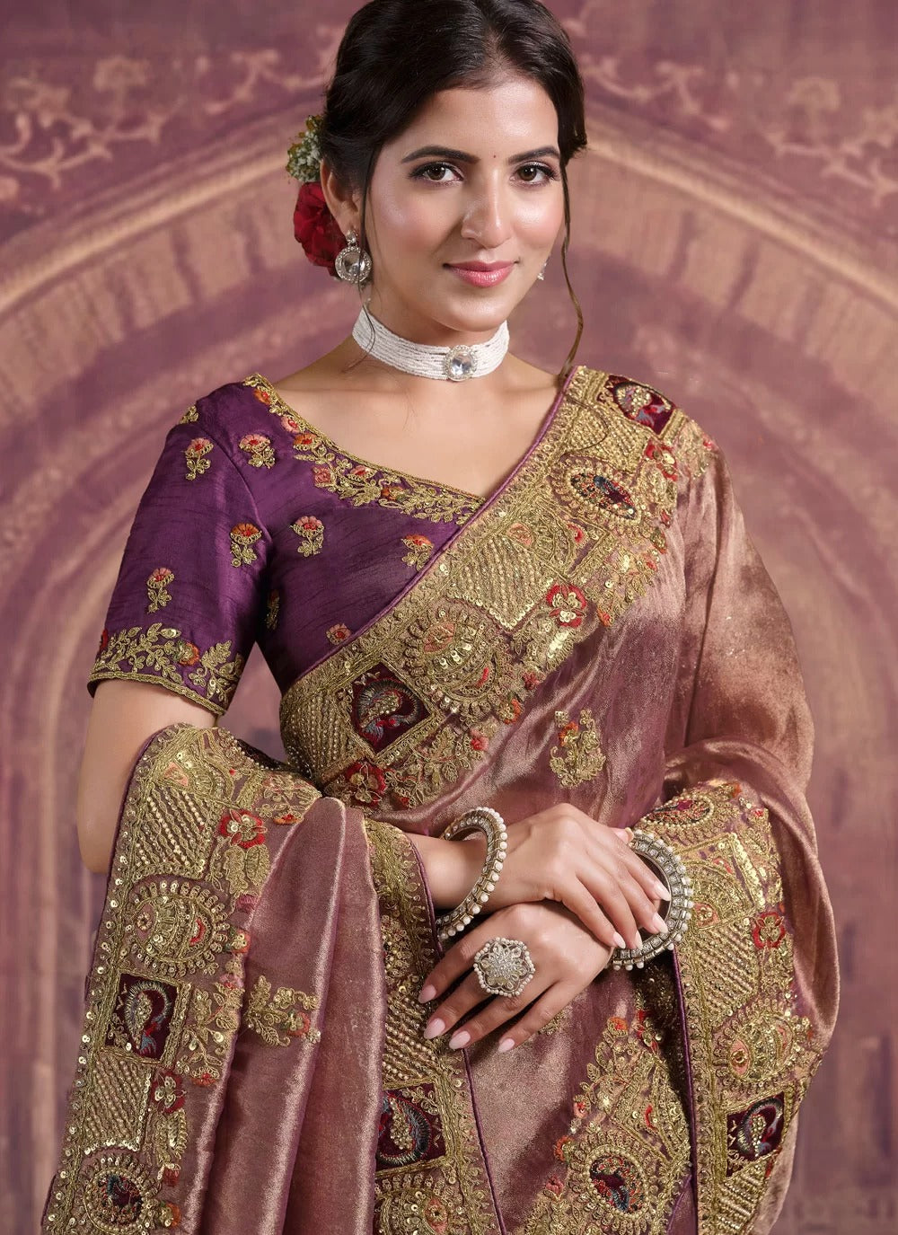 Enchanting wine gold georgette organza silk bridal saree with khatli work