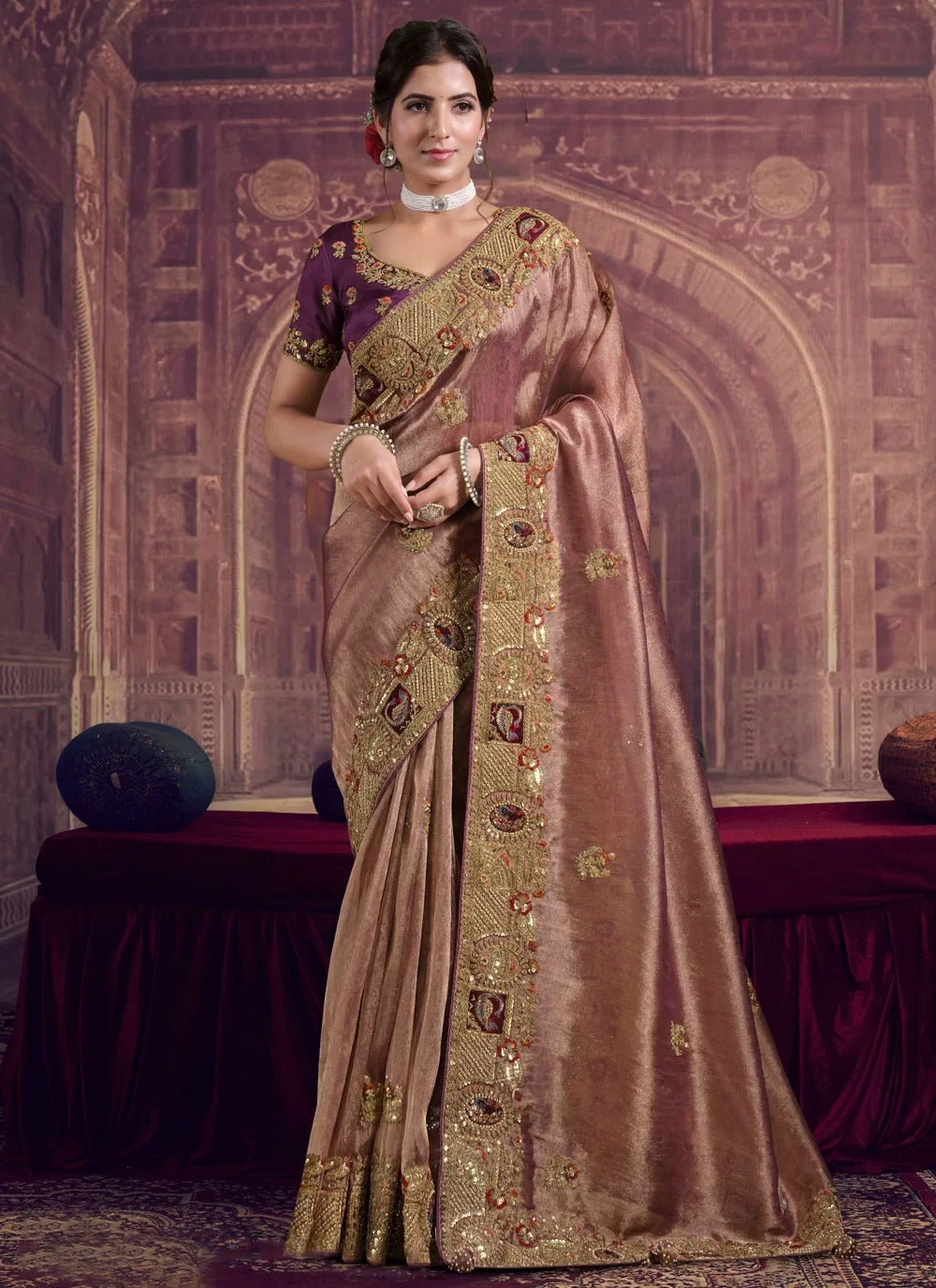 Enchanting wine gold georgette organza silk bridal saree with khatli work