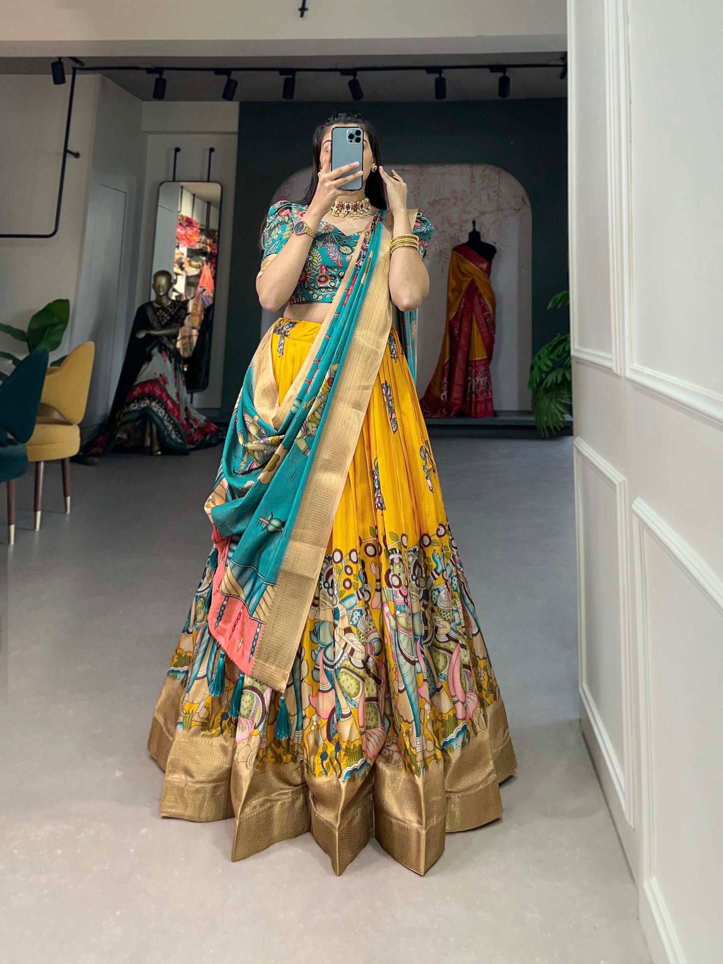 Enchanting Yellow Dola Silk Lehenga Choli with Kalamkari Print